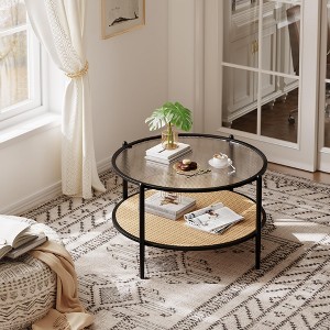 30" Round Coffee Table with Rattan Shelf & Water-Wave Glass Top, 2-Tier Metal Frame Modern Side Table for Living Room, Office, Small Space - 1 of 4