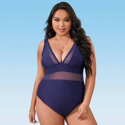 Women's Plus Size V Neck Mesh Sheer One Piece Swimsuit -Cupshe-Blue-0X