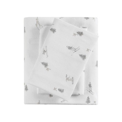 King Cozy Cotton Flannel Printed Sheet Set Gray Skiers : Target