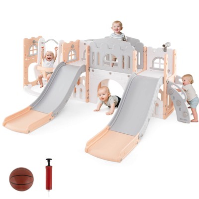 Safstar 10 in 1 Toddler Slide and Swing Set w/Basketball Hoop, Telescope & Storage Space