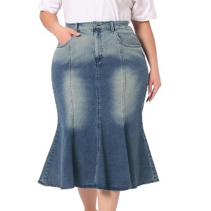 Agnes Orinda Women's Plus Size Elegant High Waist Pockets Mermaid Midi Bodycon Jean Skirts - 1 of 4