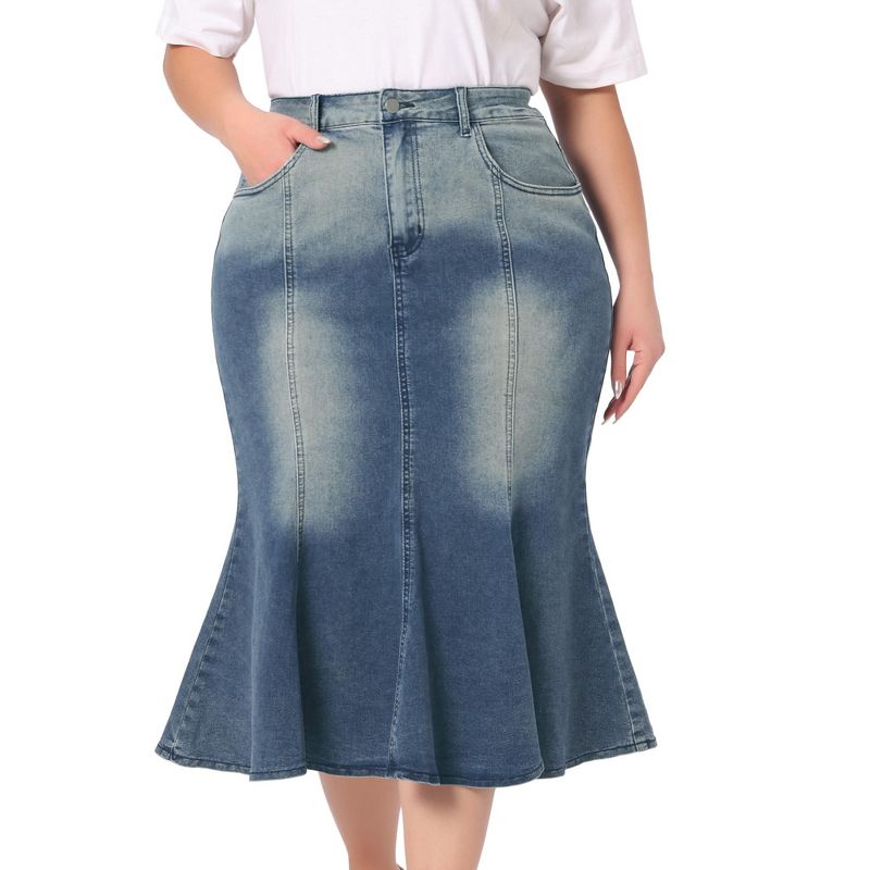 Agnes Orinda Women's Plus Size Elegant High Waist Pockets Mermaid Midi Bodycon Jean Skirts, 1 of 5