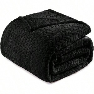 Black 90x90 Inch Fleece Queen Size Blanket, Soft Cozy Jacquard Flannel, Lightweight Fuzzy Plush Warm for Winter. - 1 of 4