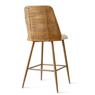 Oak and Rattan Upholstered Counter Stools, Set of 2