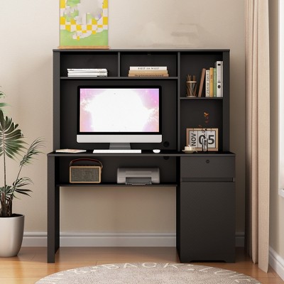 Computer Desk, Home Office Desk with Cabinet, Drawer and Storage Shelves, 3 AC Outlets and 2 USB Charging Ports, for Home Office Bedroom