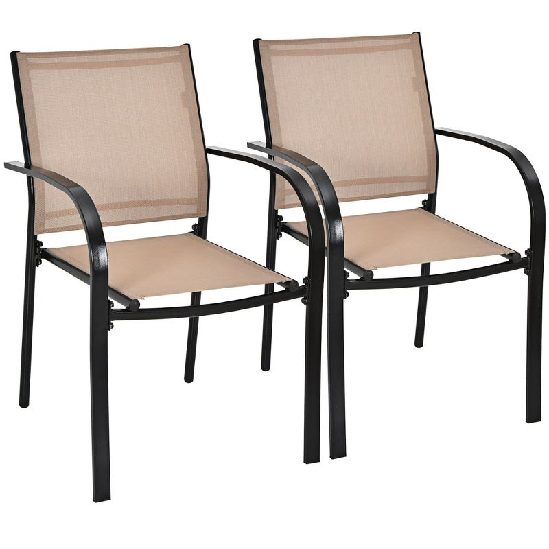 Costway Set of 2 Patio Dining Chairs Stackable with Armrests Garden Deck Brown, 3 of 10