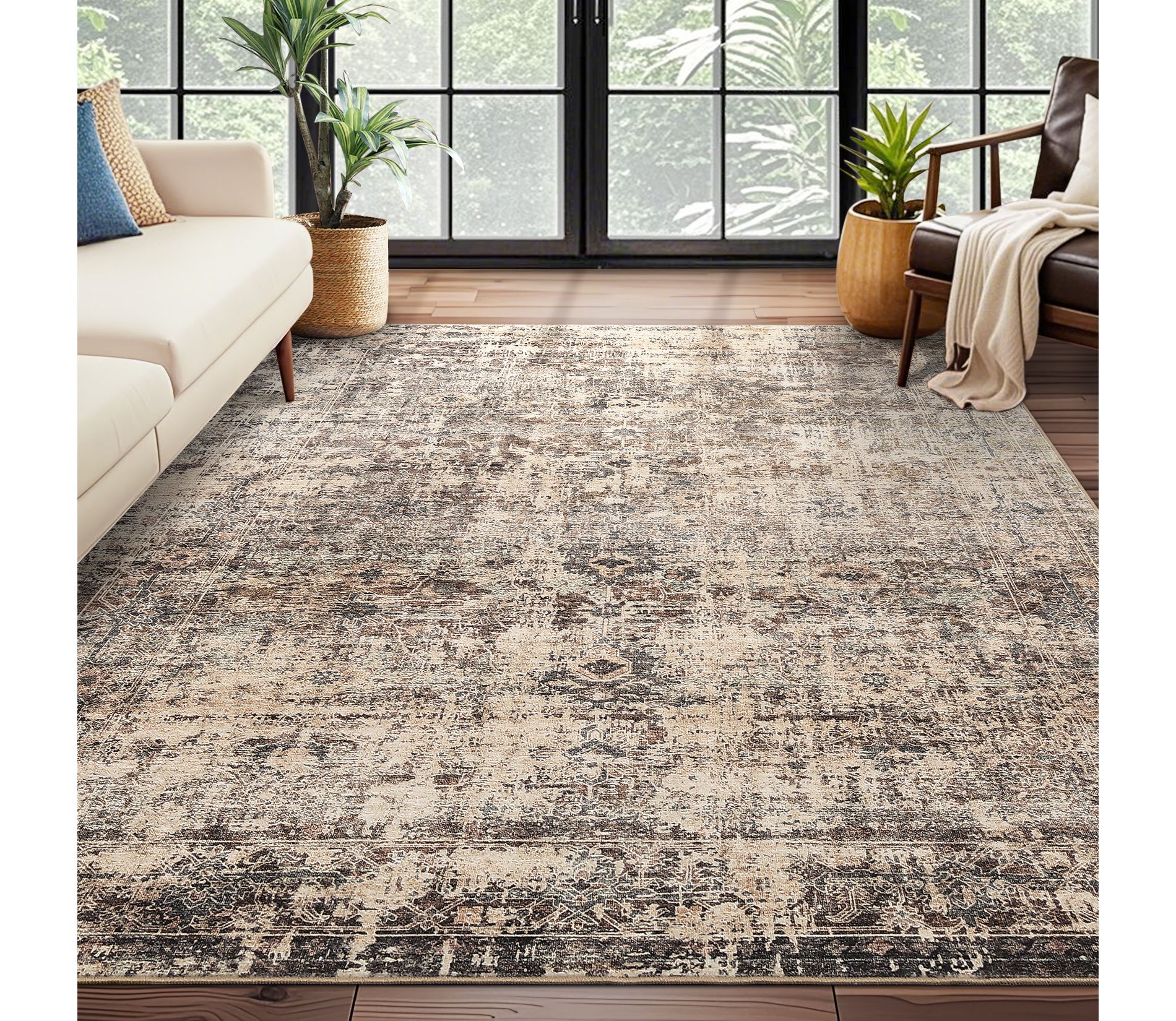 Soft Boho Vintage Low Pile Washable Large Indoor Area Rug for Living Room Bedroom Dining Room, Brown, 5'x7'