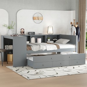 Daybed with Trundle, Wood Day Bed Frame with Storage Drawers and Side Shelves, Daybed with Desk, No Spring Box Needed - 1 of 4