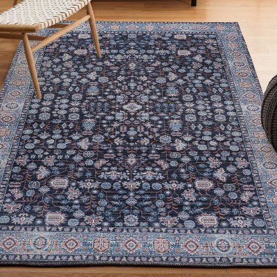 Kemer Black and Blue Washable Synthetic Persian Area Rug