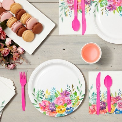 Floral 144-Piece Disposable Tea Party Set with Pink Cutlery