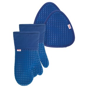 T-fal 4-Pack Waffle Oven Mitt & Pot Holder Set  Blue - 1 of 4