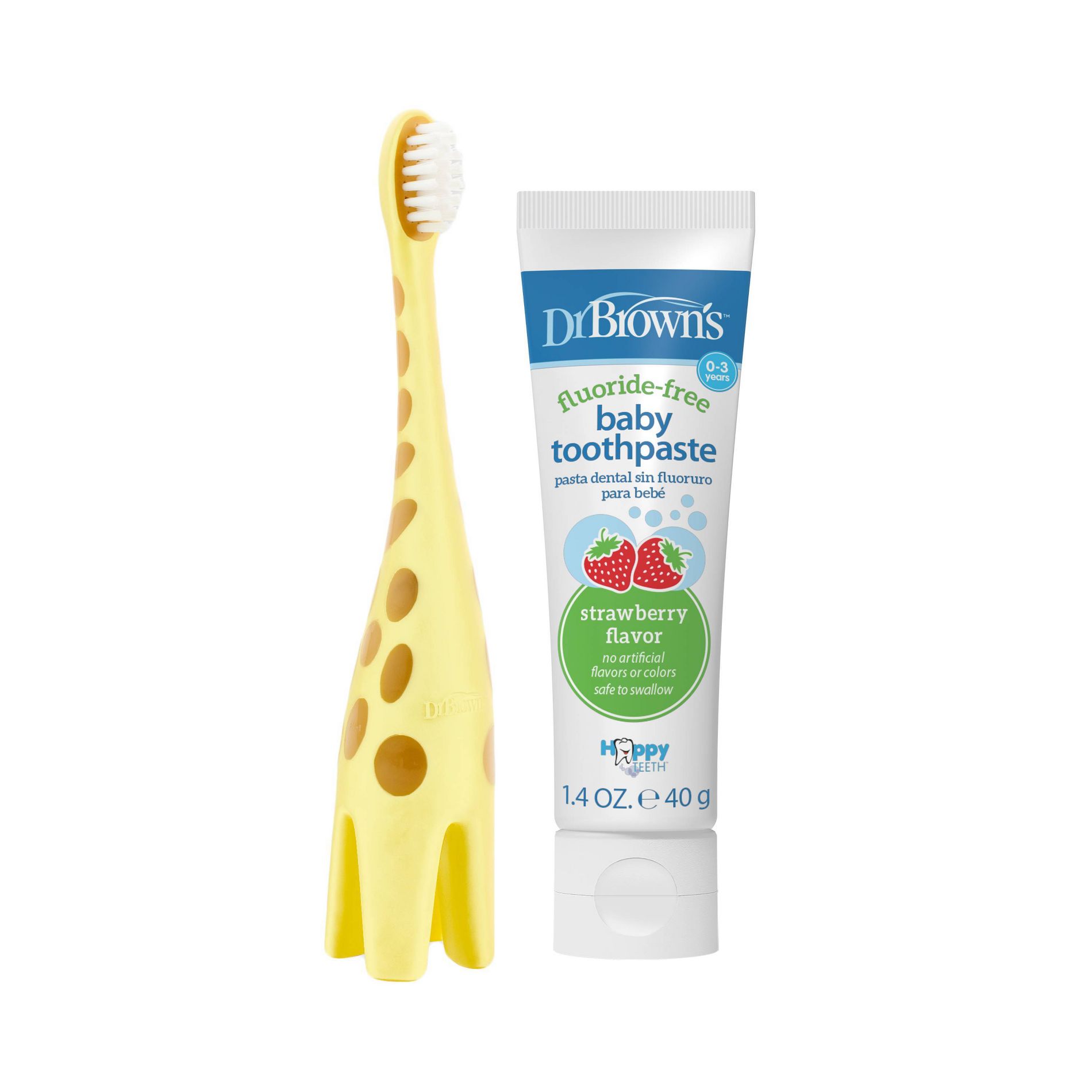Dr. Brown's Infant-to-Toddler Training Toothbrush & Fluoride-Free Baby Toothpaste Strawberry Flavor - 0-3 years - Giraffe: Ethyl Alcohol-Free