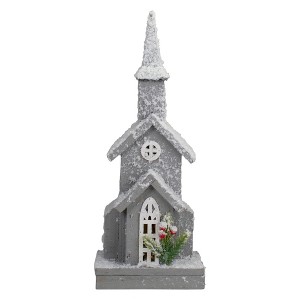 Northlight Lighted Snowy Church with Berry Pine Christmas Decoration - 16" - Gray and White - 1 of 4