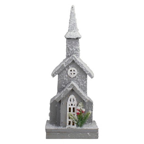 Northlight Lighted Snowy Church with Berry Pine Christmas Decoration - 16" - Gray and White - image 1 of 4