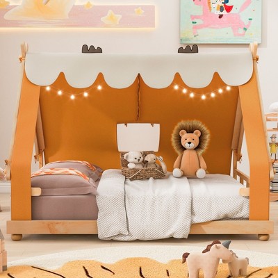 Okak Twin/Full House-Shaped Floor Canopy Beds with Tent & Light Decor,Platform Bed Frame for Kids,Teens,No Spring Box Needed