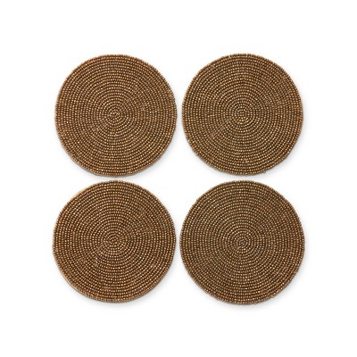 tag Set of 4 Round Beaded Coasters in Antique Gold Glass for Everyday Use - 4 inches Diameter, Wipe Clean with Soft Cloth