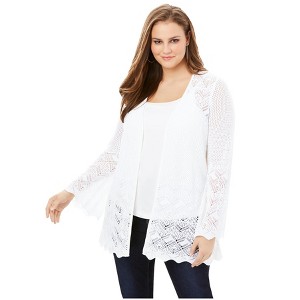 Roaman's Women's Plus Size Bell Sleeve Pointelle Cardigan - 1 of 4