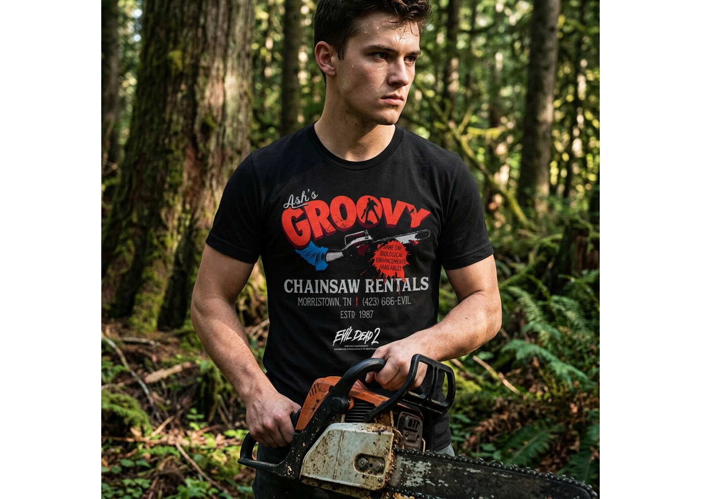 Мужская футболка Crazy Dog T-Shirts, Inc. T Shirts Ashs Groovy Chainsaw Rentals Evil Dead Movie Tee For Men, цвет: Чёрный — фото 3