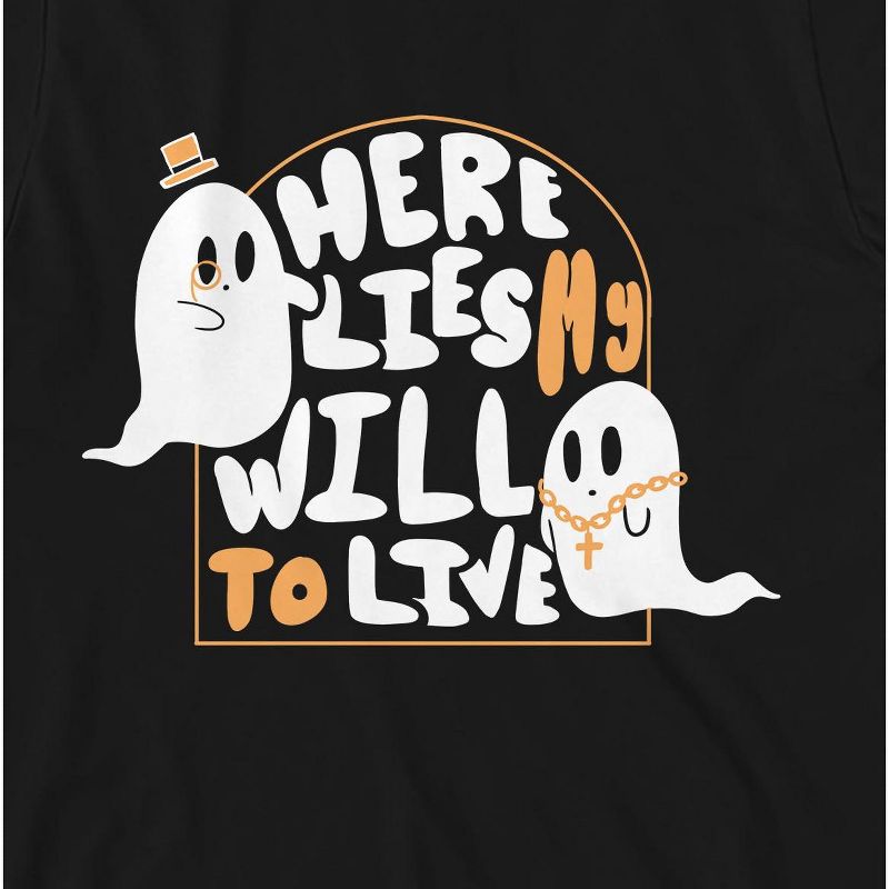 Kids Halloween Dapper Ghost With Gangster Ghost "Here Lies My Will To Live" Youth Black Short Sleeve Crew Neck Tee, 2 of 4