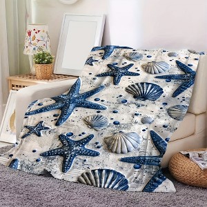 1pc Coastal Series Flannel Blanket with Starfish and Pattern, Sofa Accessory, Nautical Theme, Home Decor, Christmas Gifts. - 1 of 4