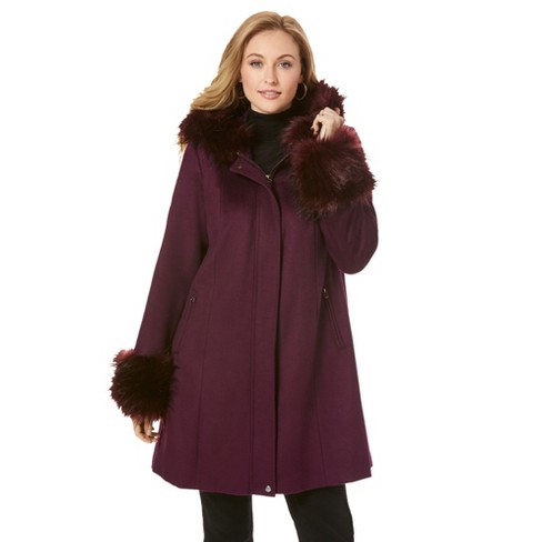 Jessica London Women’s Plus Size Hooded Faux Fur Trim Coat, 16 W - Dark ...