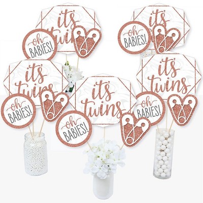  Big Dot of Happiness It's Twin Girls - Pink and Rose Gold Twins Baby Shower Centerpiece Sticks - Table Toppers - Set of 15 