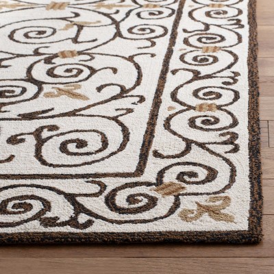 Ivory and Dark Brown Hand-Hooked Wool Area Rug