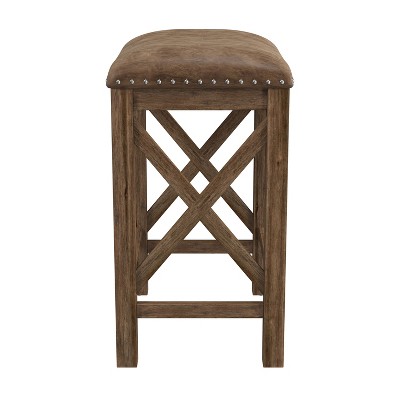 Antique Walnut & Weathered Brown Leather Saddle Barstool, Set of 2