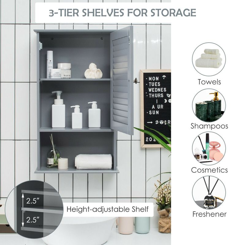 Costway Bathroom Wall Mount Storage Cabinet Single Door w/Height Adjustable Shelf Grey, 5 of 10