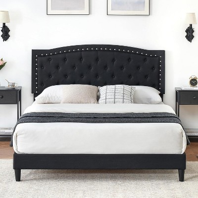 homfan Bed Frame with Height-Adjustable Upholstered Headboard, Platform Bed Frame with Wooden Slats Support and Mattress Foundation