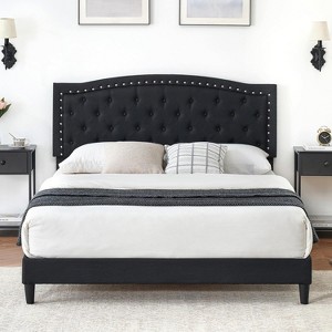 homfan Bed Frame with Height-Adjustable Upholstered Headboard, Platform Bed Frame with Wooden Slats Support and Mattress Foundation - 1 of 4