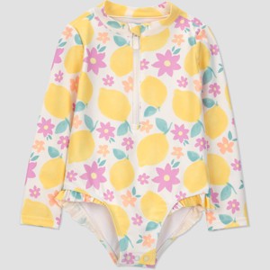 Carter's Just One You&#174 Toddler Girls' Long Sleeve Lemon Printed Rash Guard One Piece Swimsuit - Yellow - 1 of 4