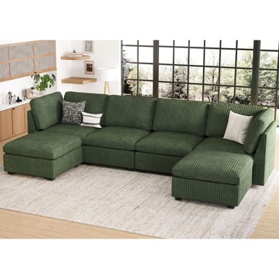 Belffin U-Shaped 6-Seater Corduroy Sectional - Modular Sofa with Storage Ottoman & Convertible Design