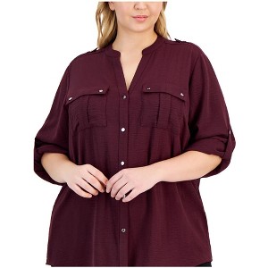 Calvin Klein Womens Textured Roll Tab Button Up Shirt, Purple, 0X - 1 of 1
