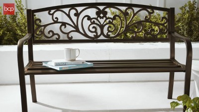 Black Steel Outdoor Bench with Floral Backrest, 52"