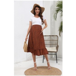 High Waist Floral Print Ruffled Tiered Midi Maternity Skirt - 1 of 4