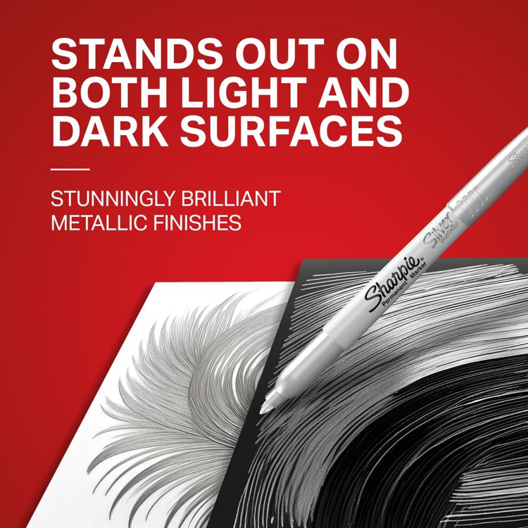 Silver colored marker with metallic finish drawing on both white and black surfaces, with text stating "STANDS OUT ON BOTH LIGHT AND DARK SURFACES" and "STUNNINGLY BRILLIANT METALLIC FINISHES."