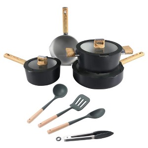 NutriChef 14-Piece Non-Stick Ceramic Induction Cookware Set with Glass Lid and Heat-Resistant Lacquer with Handle (Black) - 1 of 1
