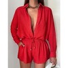 WhizMax Women's Casual 2 Piece sets Long Sleeve Button Down Shirt High Waist Drawstring Short Outfit sets - 2 of 4