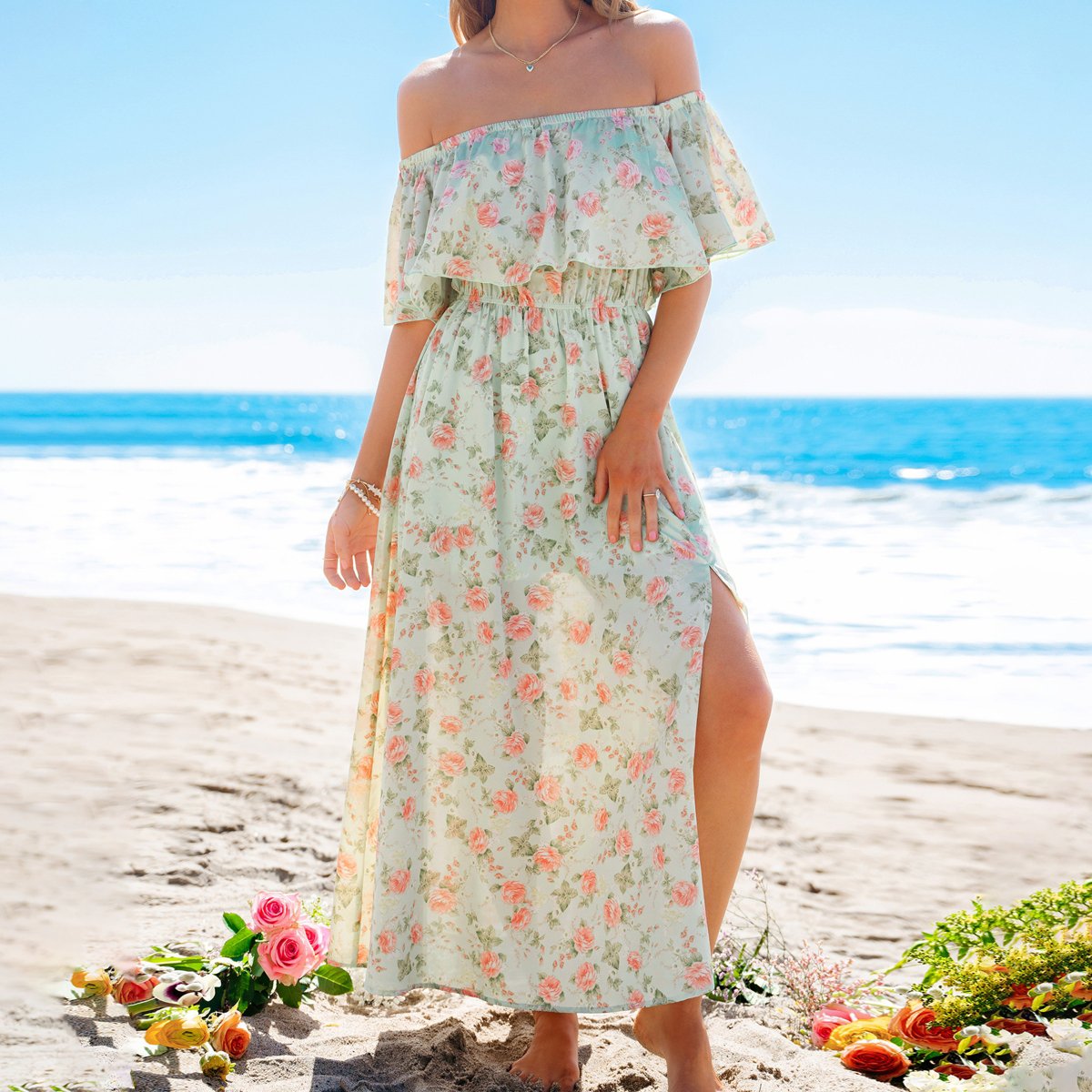Женские платья Cupshe Women's Floral Off-Shoulder Beach Maxi Wedding Guest Dress-S-Green — фото 2