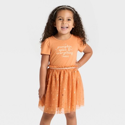 Toddler Girls' Short Sleeve Halloween Pumpkin Spice Tulle Dress - Cat & Jack™ Brown