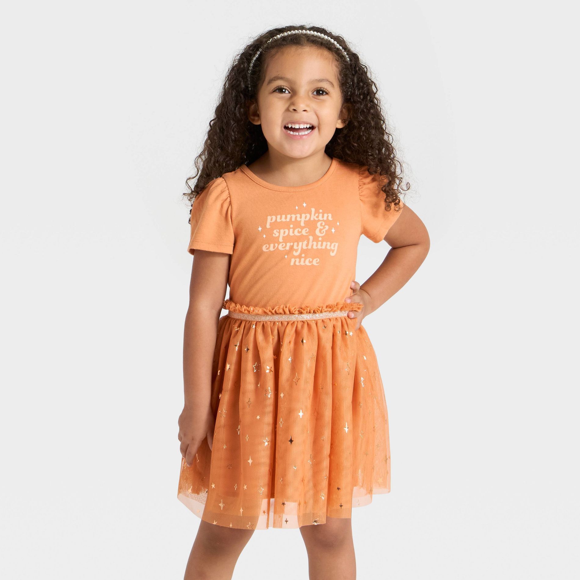 Toddler Girls' Short Sleeve Halloween Pumpkin Spice Tulle Dress - Cat & Jack™ Brown 3T