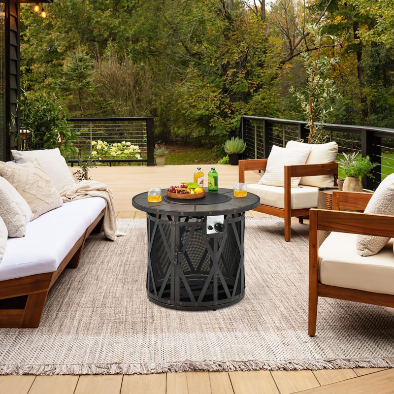 Tangkula 32 Inch Outdoor Fire Pit Table 30,000 BTU Round Metal Fire Table with Lid & PVC Cover & Glass Stones CSA Approved, 3 of 11