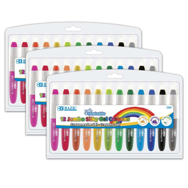 BAZIC Products® Washable Jumbo Silky Gel Crayons, 12 Per Pack, 3 Packs, 1 of 7