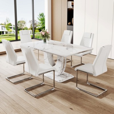 GDFStudio Anselm Modern 7 Piece Marble Pattern Dining Set with Faux Leather Chairs