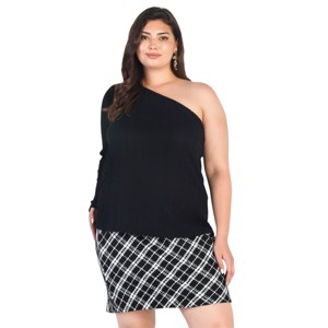 Slickblue Women's Plus Size One Shoulder Ribbed Knit Top, Long Sleeve Style, Stretch Fit, Black, 1XL-3XL - 1 of 4