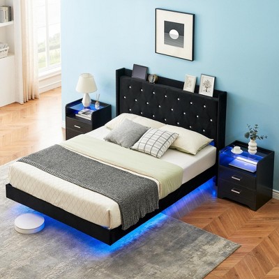 Homhougo Floating Bed Frame Queen Size with LED Lights, Upholstered Platform Bed Frame Black