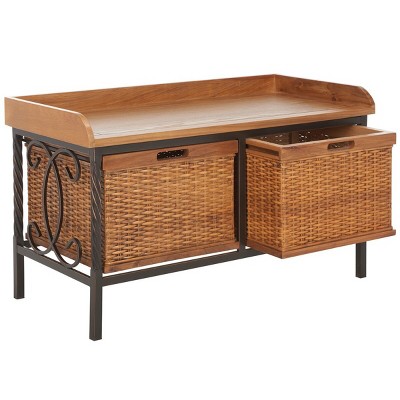 Noah Rustic Oak and Wicker Storage Bench with Drawers
