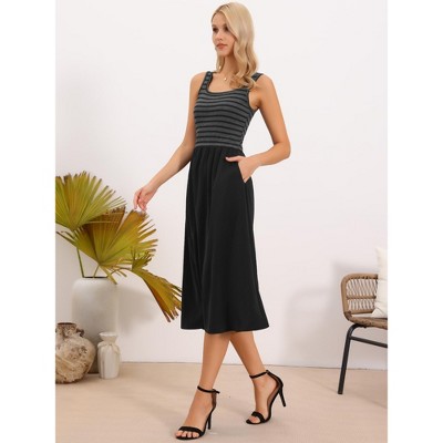 Женские платья INSPIRE CHIC Women's Summer Striped Patchwork Square Neck Sleeveless A-Line Midi Dress Small Black — фото 4
