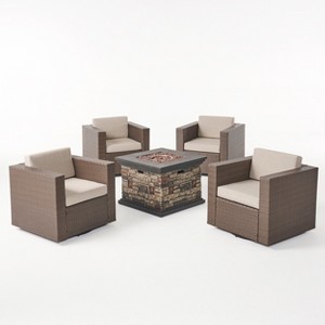 GDFStudio Venice Outdoor Wicker 5 Piece Swivel Club Chair and Fire Pit Set - 1 of 4